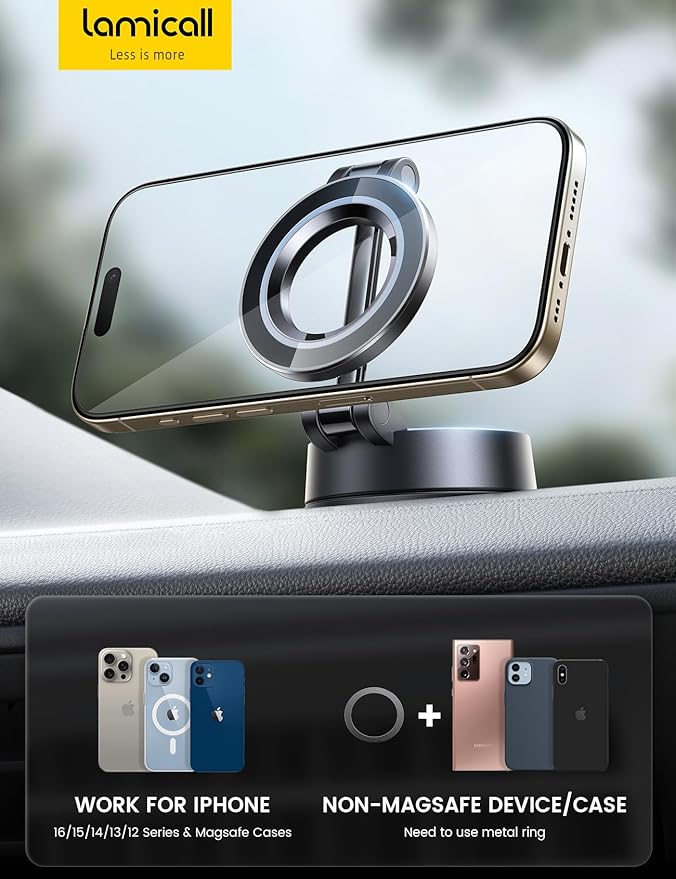 Lamicall Car Phone Mount [70LBS Powerful Suction] for Magsafe Car Mount, 360° Adjustable Suction Cup Phone Mount Dashboard & Windshield for Truck for iPhone 17 All Smartphone
