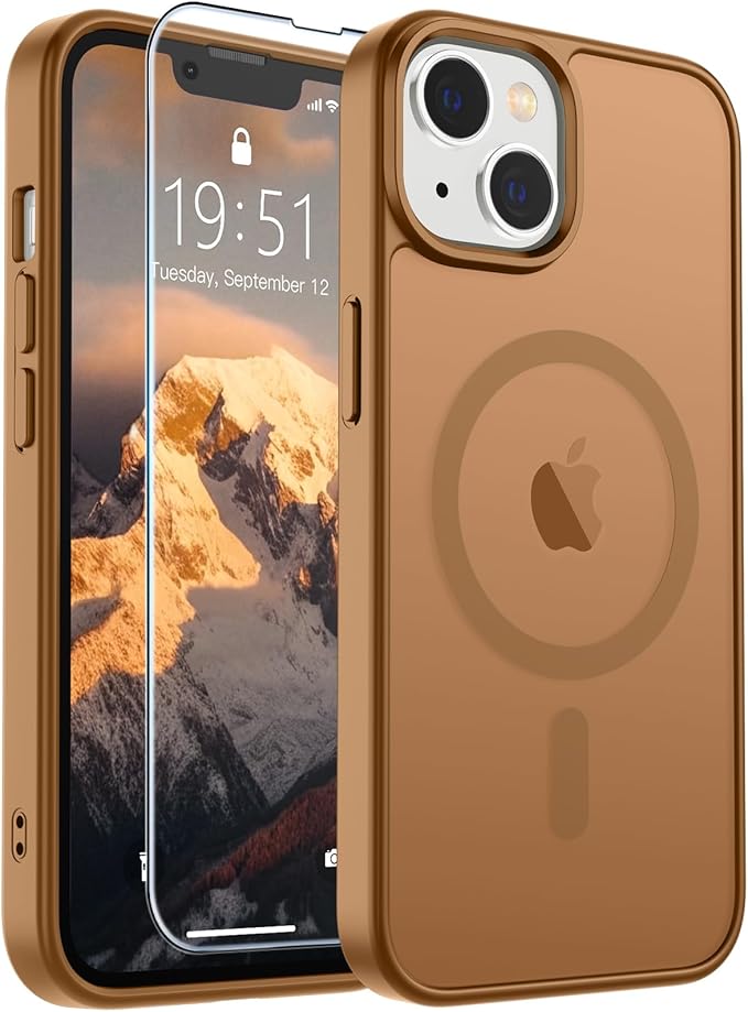 SUPFINE Magnetic for iPhone 14 Case & iPhone 13 Case (Compatible with MagSafe)(Military Grade Drop Protection) Slim Translucent Matte Shockproof Phone Cover,Brown