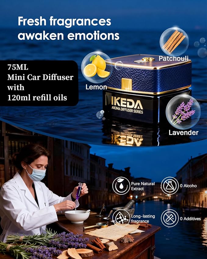 Smart Car Air Fresheners | Luxury Car Aroma Diffuser | with 120ml Long Lasting Perfume | Auto On/Off Car Diffuser | Mini Cube Diffuser for Car, Home by Ikeda (Black)