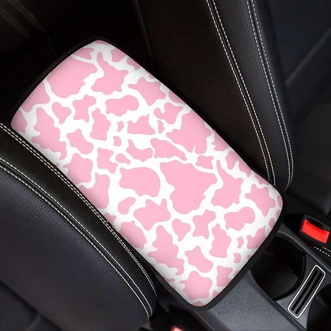 Dreaweet Pink Cow Print Auto Center Console Pad Car Armrest Seat Box Cover Protector Universal Fit Car Decor Handrail Box Arm Rest Cushion Lid Soft Car Accessories for Women Men