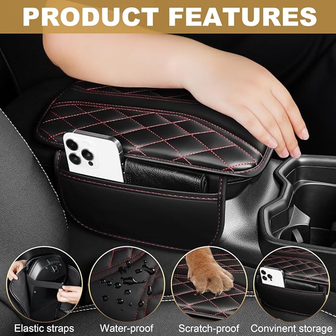 Center Console Cover Fit for Tacoma Scratch & Wear Resistant Waterproof Middle Console Cover with 2 Storage Bags(Black&Redline)