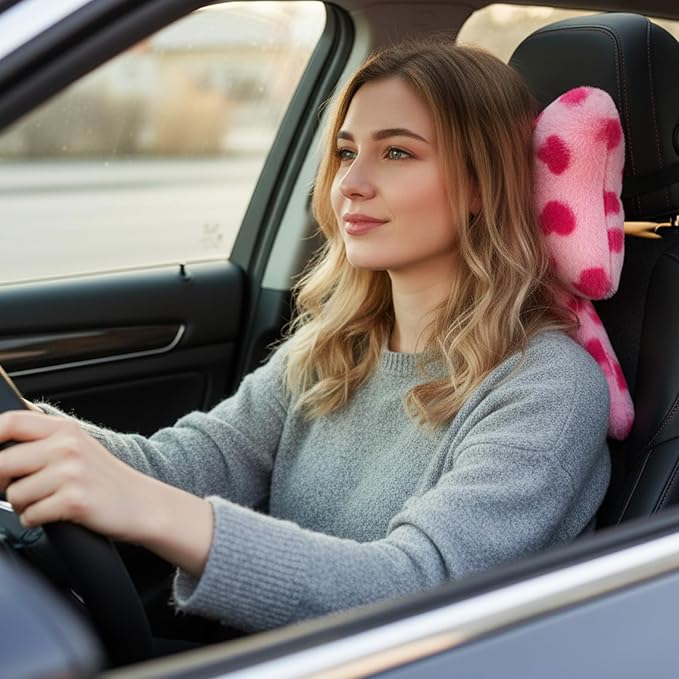 Macarrie 2 Pcs Car Neck Pillow Plush Butterfly Bow Car Headrest Pillow Comfortable Seat Neck Support Cute Head Rest Accessories for Driving Travel Driver Chair Girl Style Interior Decor(Pink Heart)