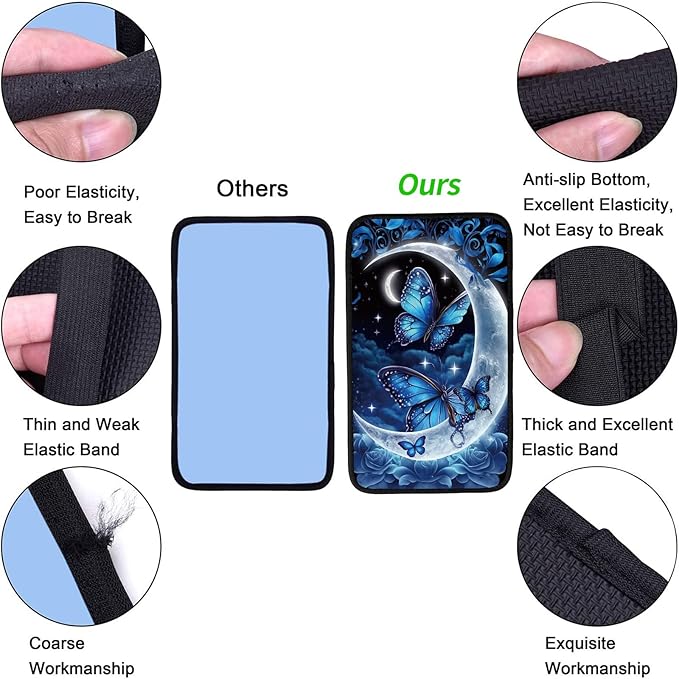 Car Armrest Cover Pads Universal Fashion Cute Auto Center Console Armrest Cover Pad with 2PCS Car Coasters Soft Waterproof Car Armrest Seat Protector for Women Girls, Blue Moon Butterflies