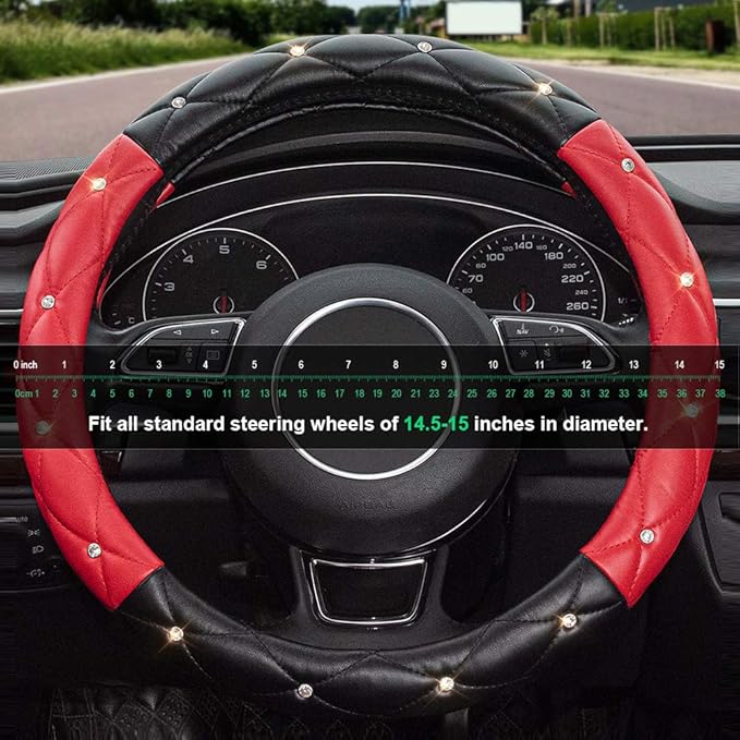 Xizopucy Black Red Steering Wheel Cover, Universal Car Steering Wheel Protector with Crystal Rhinestones Anti-Slip Soft Interior Accessories for Women and Girl Fit 14.5-15 inch