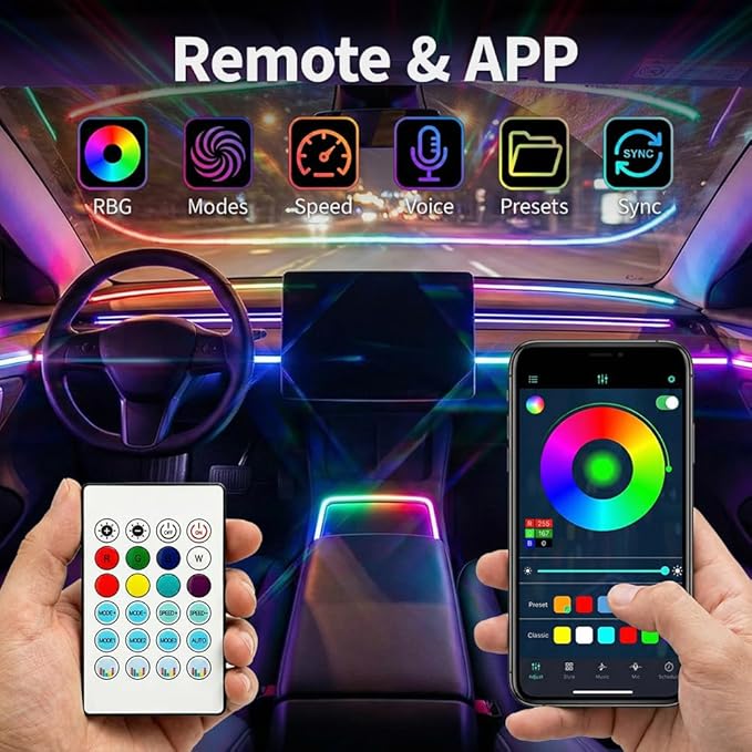 Ambient Lighting Car Led Lights Interior Kit,2PCS 43.3 inches Dream Color Acrylic Led Strips Lights for Car Interior Dashboard,DC 12V Fiber Optic Music Sync Neon Ambiance Lighting with Wireless APP
