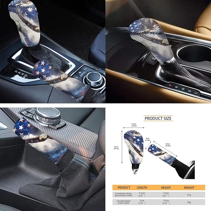 FKELYI Eagle Car Seat Covers - American Flag Headrest, Dust-Proof Gear & Handbrake, Steering Wheel, Cup Coasters