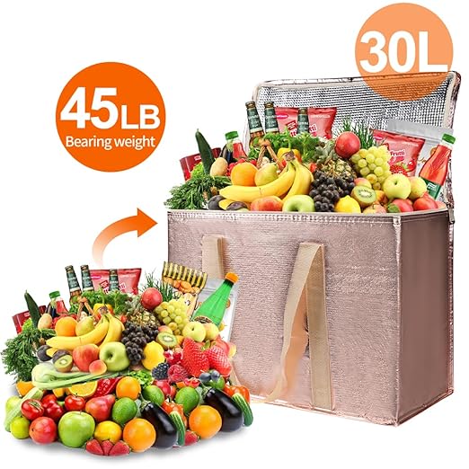 Bodaon 4-Pack Insulated Reusable Grocery Shopping Bag, X-Large Frozen Food Cold, Cooler Bags, Insulated Food Delivery Bag, Gold
