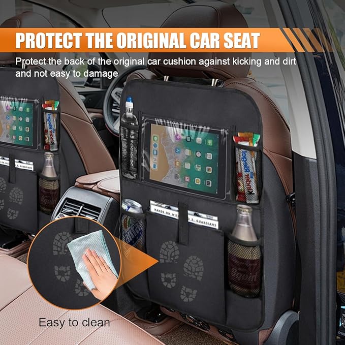 2PCS Car Backseat Organizer, Waterproof Oxford Fabric Auto Back Seat Protector Kick Mats with Clear 10" Tablet Holder & 5 Storage Pockets, Universal Vehicles Travel Accessories