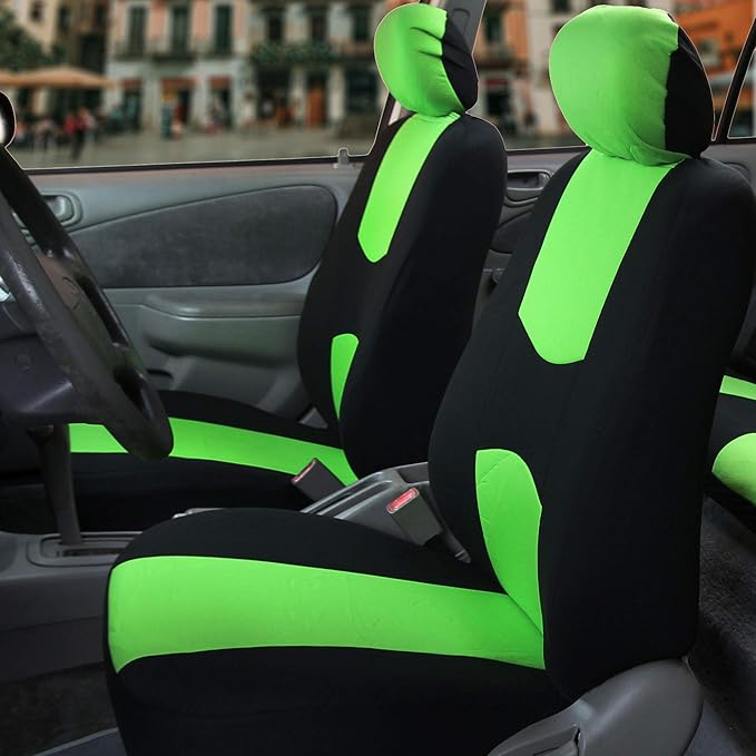 FH Group Car Seat Covers Flat Cloth Automotive Green Full Set, Rear Solid Bench Universal Fit Combo Steering Wheel Cover & Seat Belt Pads Car Seat Protector for Cars Trucks SUV Interior Accessories