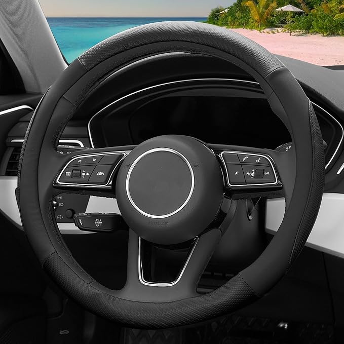 Car Steering Wheel Cover, Soft Microfiber Leather, Breathable Anti-Slip, Universal Fit 15 Inch for Cars, SUVs, Vehicles, Sedans, Trucks, Vans -Black