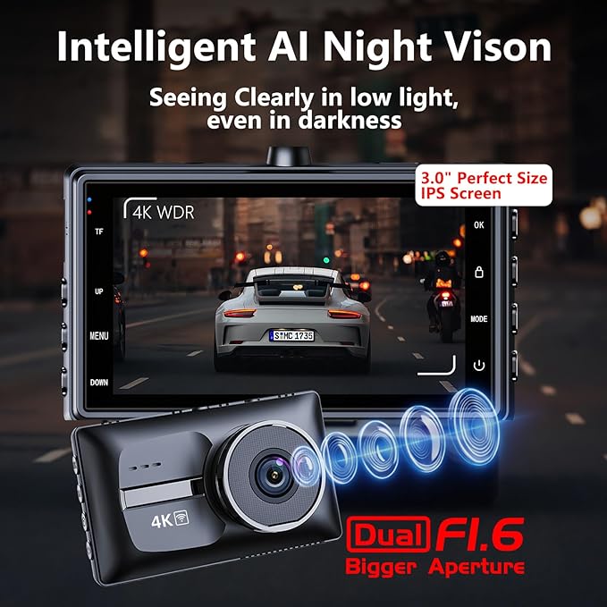 X18 4K Dual Dash Cam Front and Rear, Free 64GB Card Support 256G Max, 5.8G WiFi - up to 20MB/s Fastest Download Speed with App, 4K 2160P/FHD Dash Camera, 3" IPS, G-Sensor,24H Parking Mode