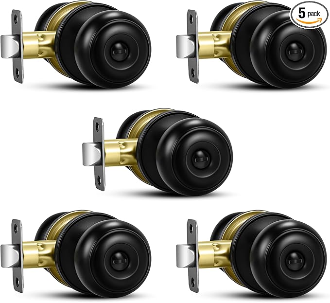 Plustool 5 Pack Matte Black Door Knobs, Privacy Door Knob with Lock, Interior Doorknobs with Round Ball, Keyless Door Lockset for Bedrooms Bathrooms