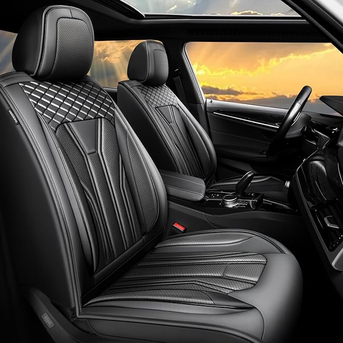Fit Murano Car Seat Covers Compatible with Nissan Murano 2004-2025 2026 - Full Set Premium Leather， Waterproof Breathable， All-Weather Seat Cushion Protecto&Airbag Compatible （All Black