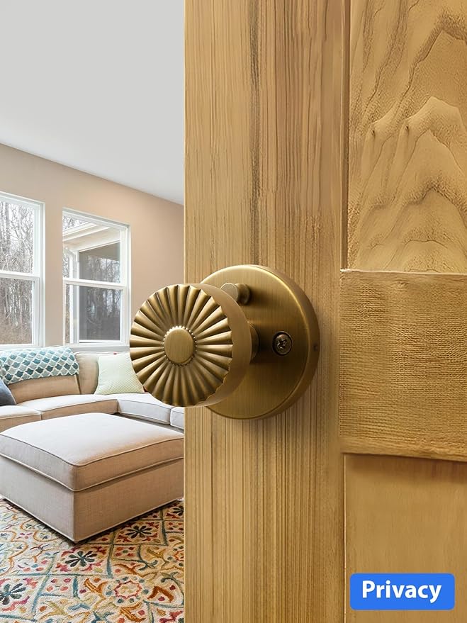 Privacy Door Knob Antique Brass Retro Door Knob, Interior Vintage Door Handle Bedroom Bathroom Brushed Doorknob, Stainless Steel Knob, 1 Pack
