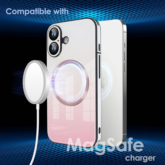 Guppy Compatible with iPhone 16 Case Magnetic, with Full Camera Lens Protector [Compatible with MagSafe] Scratch Resistant Gradient Glass Back Cover Phone Case-Pink