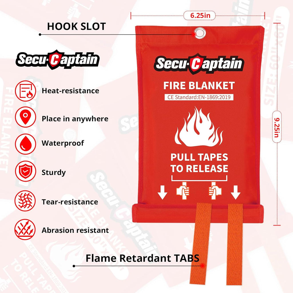 SecuCaptain Emergency Fire Blanket for Home and Kitchen - 40"x40" Flame Suppression Fiberglass Fire Blankets for House Camping Car Warehouse Office Emergency Survival Safety