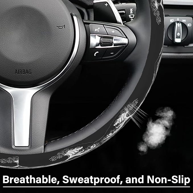 Sea Wave Steering Wheel Cover, Cute Print Steering Wheel Cover Protector, Ultra Thin Breathable Non-Slip, Car Accessories for Men, for Steering Wheel with a Diameter of 14.5"-15"