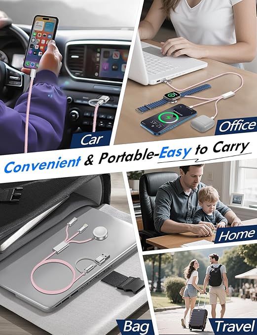 2Pack Multi Charging Cable Cord for Travel Essentials,Apple Watch Charger,iPhone Charger,[3-in-2] Type C/L Cable Portable Designed for iWatch,iPhone 17-8,Galaxy S26-21,AirPods,iPad-4FT Pink