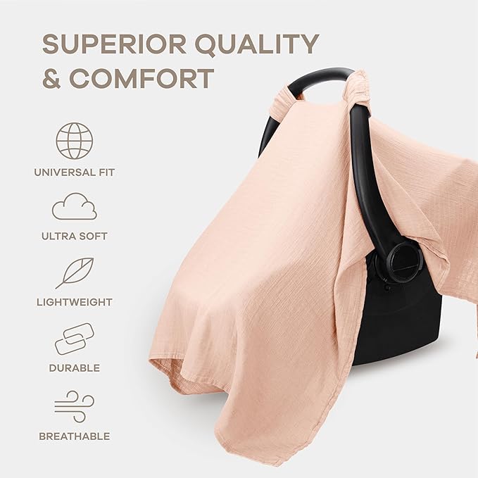 Comfy Cubs Baby Car Seat Cover - Soft, Breathable Bamboo Rayon and Muslin Cotton Blend - Lightweight Canopy for Sun, Bug, and Comfort Protection - Large Size Infant Seat Cover in Blush Design