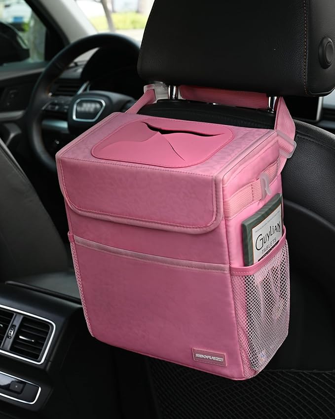 SIBOFUEGO Car Trash Can Cute - Multifunctional Interior Car Accessory for Women, Car Organizer and Storage with Adjustable Straps, Car Stuff Storage 2 Gallons (Leopard-Print Pink)