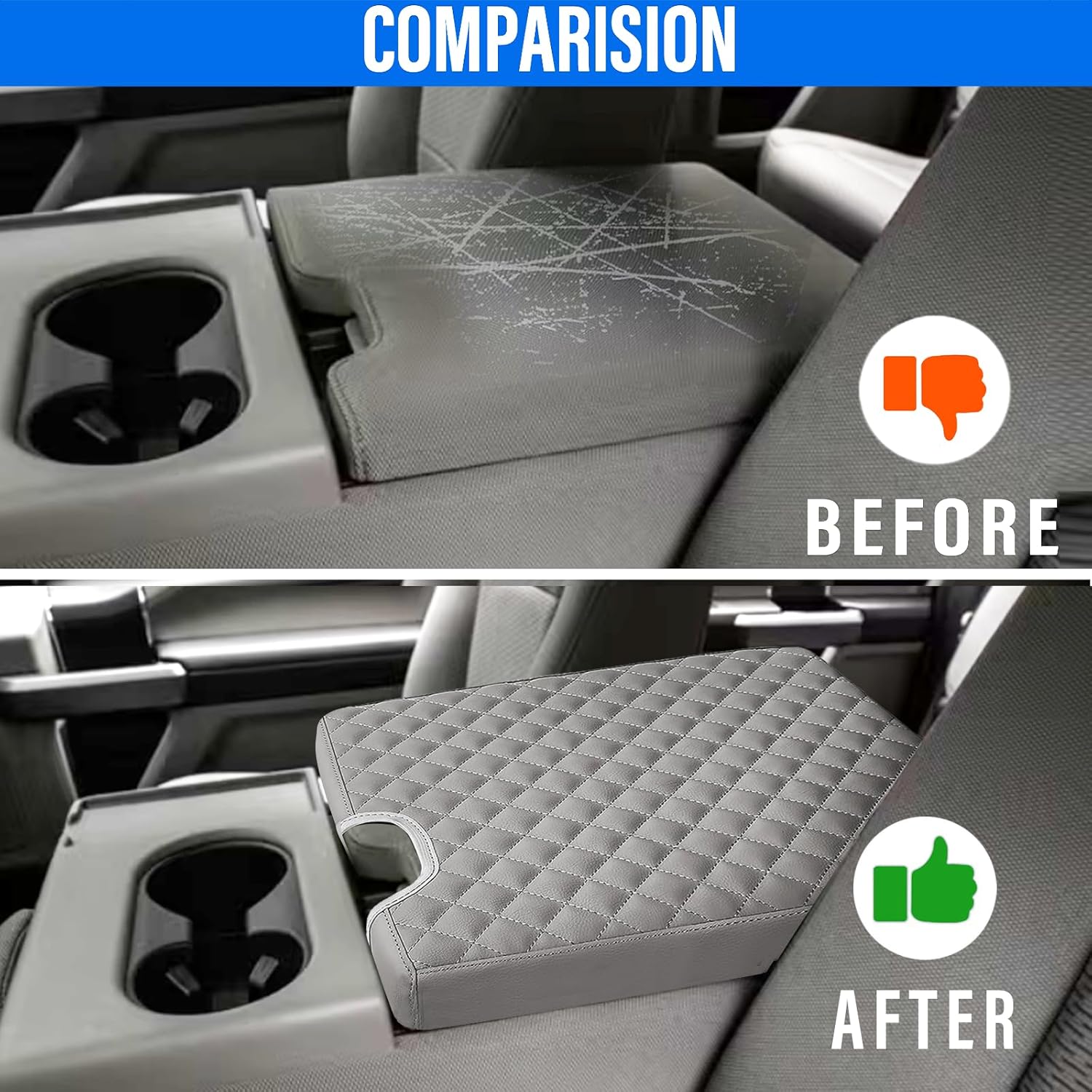 Center Console Armrest Cover for Ford F150 2015-2022, F250 F350 F450 F550 2017-2022, PU Leather Car Interior Accessories, Middle Console Cover Box Lid Protector Cushion Pad (40/20/40 Split Seat Only)