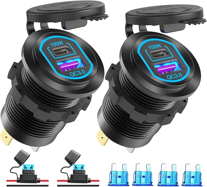 2 Pack 12V USB C Outlet PD 100W Car USB Port for Laptop and QC3.0 18W Car Charger Socket Aluminum Alloy, Fast Charging Cigarette Lighter Replacement DIY Accessary for RV MarineTruck Boat Golf