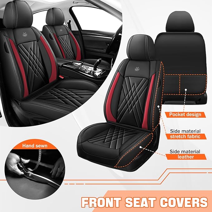 Car Seat Covers Compatible with Toyota Camry 2012-2026 Durable Waterproof Automotive Seat Covers Stretchable Fabric Material, Airbag Compatibility, Premium Nappa Leather(Black Red, 2 Pcs Front)