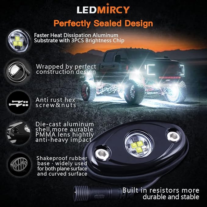 LEDMIRCY R1 Pure White Rock Lights Kit with Switch Wire Harness 12PCS Super Bright LED Rock Lights White for Offroad Trucks ATV UTV SUV High Power Underglow Under Body Light Waterproof Shockproof