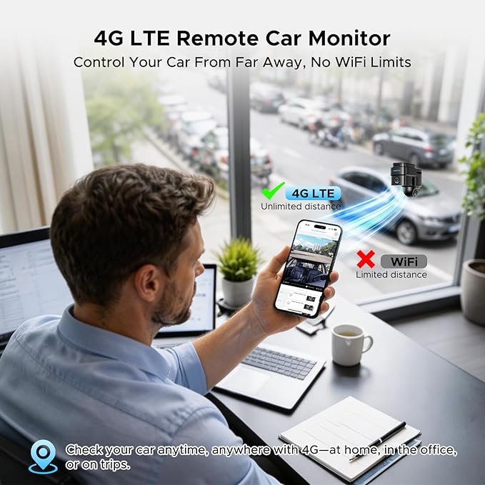 LAMTTO 4G LTE Dash Cam Front and Inside, Dual Dash Camera with Remote Live View via App, Real-Time GPS Tracking,Radar Parking Monitor, Anti-Theft Car Security Camera for Drivers, Fleet & Family Safety