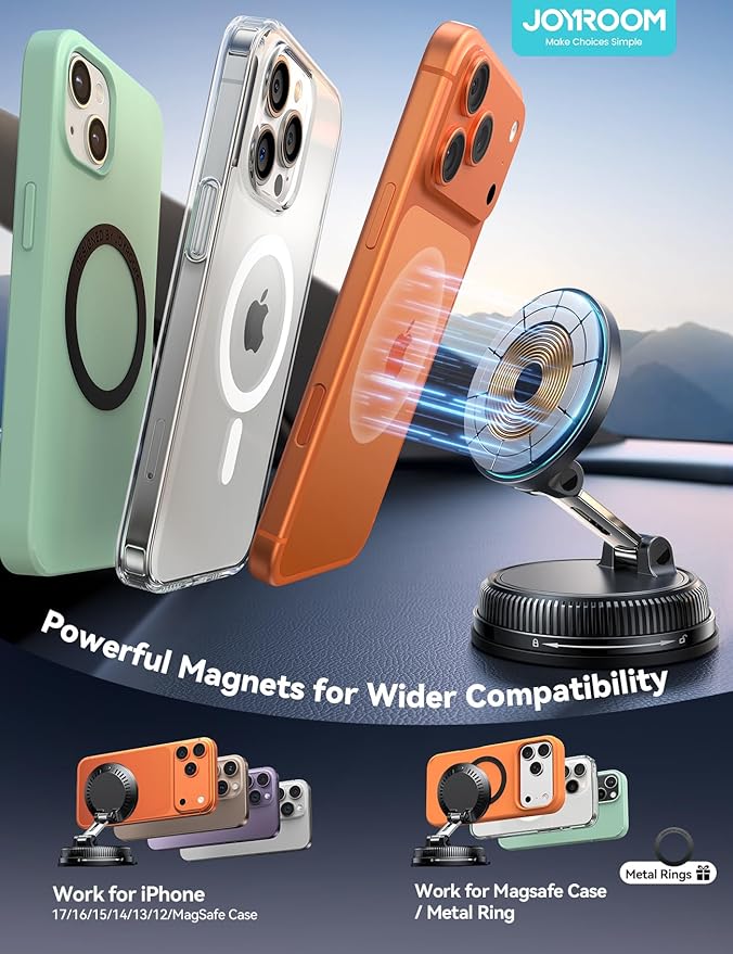 JOYROOM Only for iPhone 15W Magsafe Car Charger with Vacuum & Gel Strong Suction, 360° Vacuum Magnetic Car Phone Holder Charger, Car Mount for iPhone (Orange)