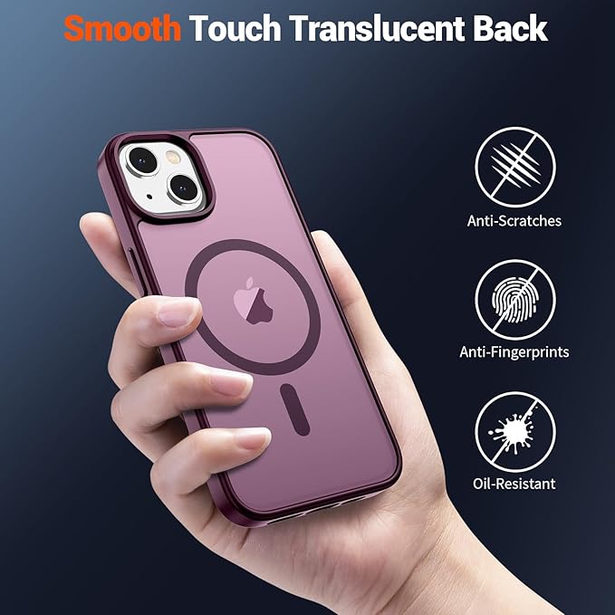 SUPFINE Magnetic for iPhone 15 Case (Compatible with MagSafe) (Military Grade Drop Protection) Slim Translucent Matte Shockproof with Anti-Fingerprint Phone Case, Wine Red