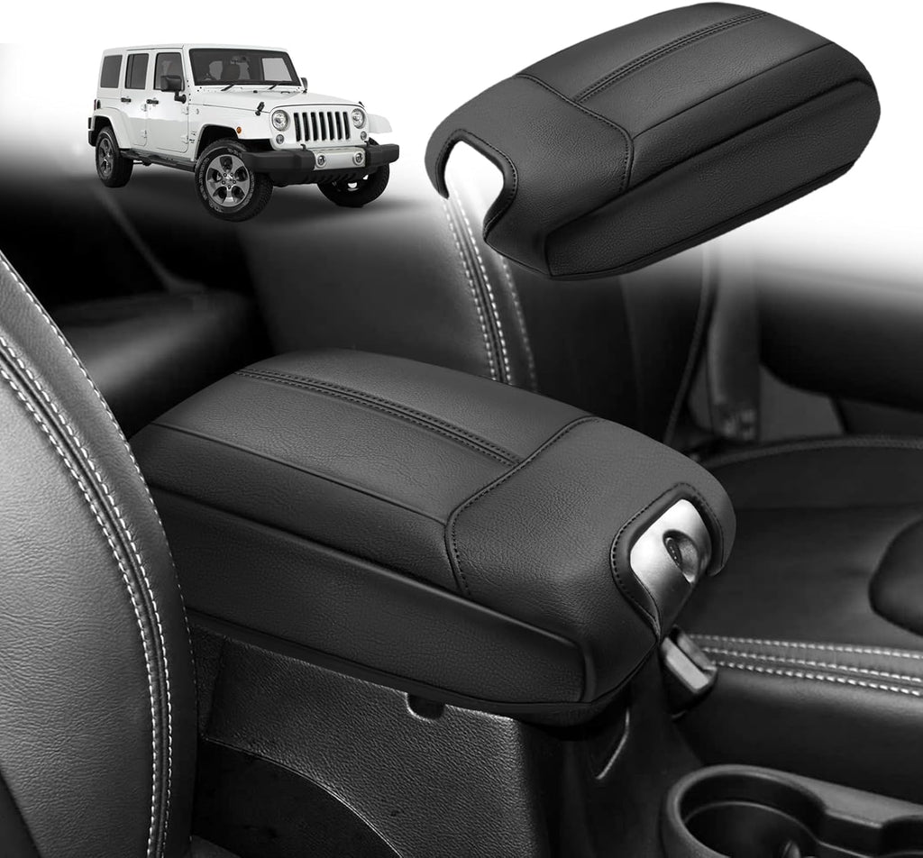 Muslogy Center Console Armrest Cover Compatible with Jeep Wrangler JK JKU 2011-2017 Comfort Armrest Pad Arm Rest Cushion Vegan Leather Protector Black Regular Thick