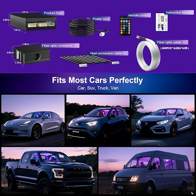 VASTFIRE Split Starlight Headliner Kit - 400pcs 0.02in 4.9ft Fiber Optic RGBW Star Lights for Car with 2 Light Heads 16W Engine Easy to Hide,Flexible Wiring,APP/Remote Control for Car Roof Ceiling