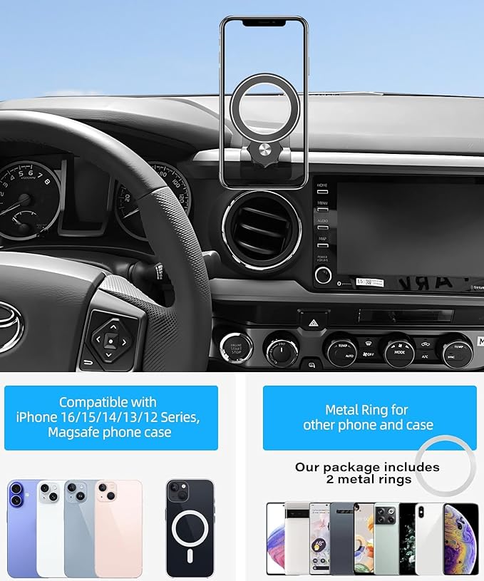 Magnetism Car Phone Holder for Toyota Tacoma 2016-2023 Accessories Compatible with MagSafe Hands-Free 360 Degree Rotation Adjustable Cell Phone Mount Does Not Affect Air Vent