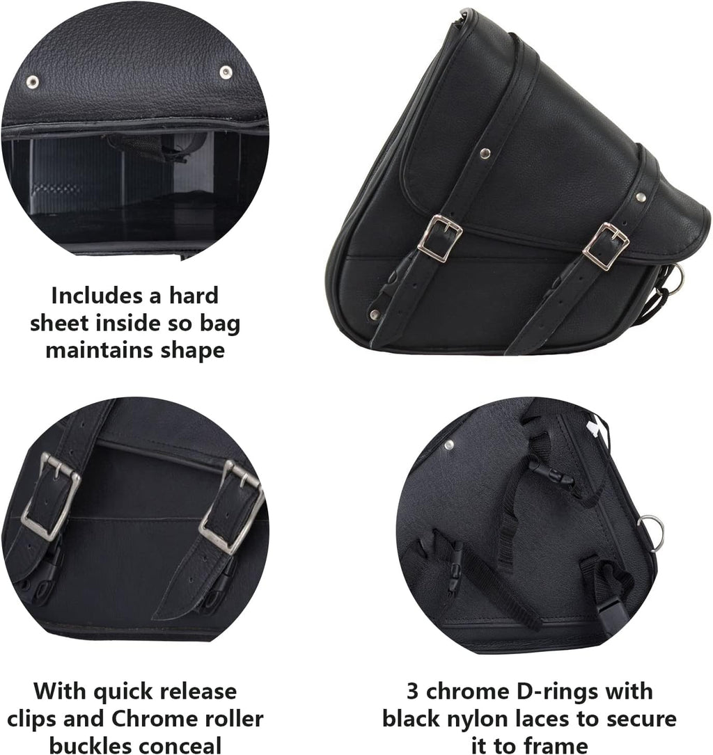 GARGOYLE BELLS Premium Naked Leather Swing Arm Bag For Motorcycle Left Side Solo Bags Saddle Bags For Softails Choppers (Style-1, Black)