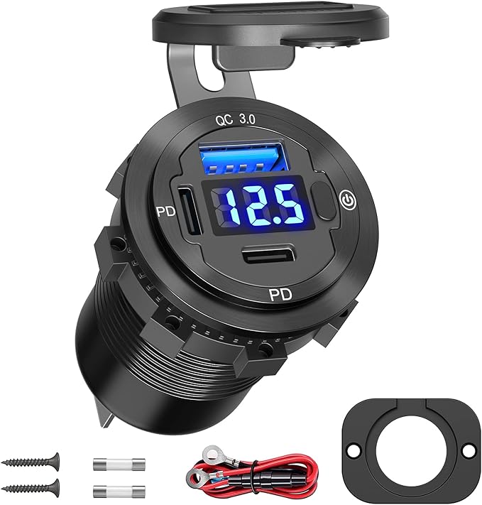 Qidoe 78W 3 Port USB C 12V Outlet Dual PD 30W & 18W USB A Port with Voltmeter Lengthened Aluminum Body Switch Waterproof Car Charger Socket for Car, Boat, Marine, RV