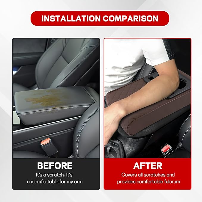 Car Center Console Armrest Pillow, 13.19"×7.87" Leather Car Arm Rest Cover, Memory Foam Auto Armrest Cushion with Cup Holder Phone Slot, Universal Vehicle Middle Console Cushion Pad (Coffee)