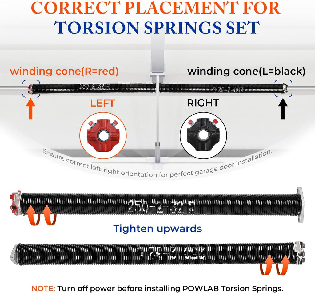 Pair of 2" Garage Door Torsion Springs (0.250'' X 2‘’ X 32‘’) with Non-Slip Winding Bars & Gloves, Heavy-Duty Replacement, 18,000 Cycles, High Precision Electrophoresis Black Coated