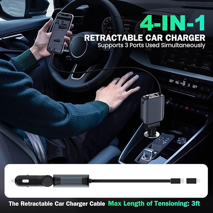 Retractable Car Charger with Starlight, 4 in 1 [120W] USB C for iPhone and Android Car Charger Fast Charging, Compatible with iPhone 16/15/14/13/12/11, Valentines Gifts for Women Men (Dark Grey)