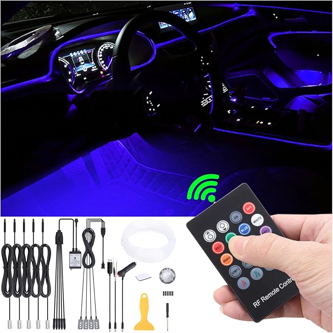 Car Ambient Lighting 64 Colors Multicoloured Music Optic Fiber RF Remote Controller Control Car DIY Decorative Atmosphere Lighting Kit DC 12V 1W 6m