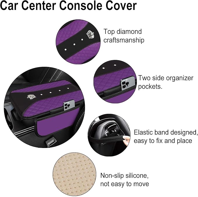NBTEPEM Bling Crown Car Center Console Armrest Cover, Leather Middle Console Cover Cushion with 2 Storage Bags, Car Armrest Storage Box Interior Accessories for Most Vehicles(Purple)