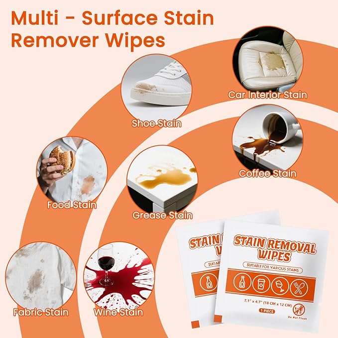 Stain Remover Wet Wipes Bulk, Individual Wrapped Clothes Portable Travel Messy Eater Cleaning Laundry Stain Removal Wipes Pocket Size for Clothing Fabric/Wine/Fast Food 7.1 x 4.7 Inch (White 100)