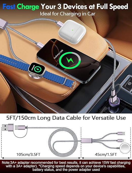 1Pack Multi Charging Cable Cord for Travel Essentials,Apple Watch Charger,iPhone Charger,[3-in-2] Type C/Lightning Cable Portable Designed for iWatch,iPhone 17-8,Galaxy S25-21,AirPods,iPad-1.5M Gray