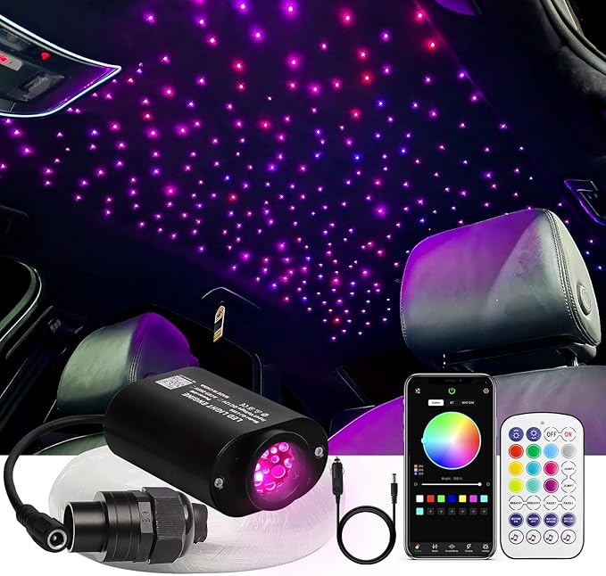 Small Size Car Twinkle Fiber Optic Starlight Headliner Kit, Sound-Activated APP& Remote Control Starlight Engine for Car Home, 300pcs 9.8ft