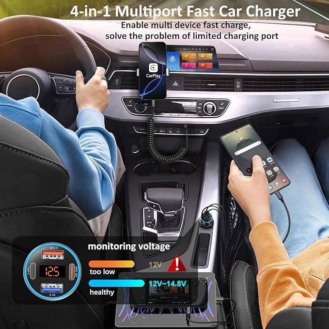 Car Charger USB C, 65W 4-Port Super Fast Type C Car Charger for Samsung S26/S25/S24/S23 Ultra, 2 Pack QC&PD 3.0 Fast Charging Cigarette Lighter Adapter Android Car Phone Charger+6FT USB-C Cable