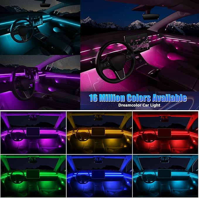 Acrylic Interior Car LED Strip Light with Wireless APP, RGB 18 in 1 with 175 inches 600 LEDs Fiber Optic Strip Lights for Car, Dynamic Chasing Sound Active Neon Car Ambient Lighting Kits