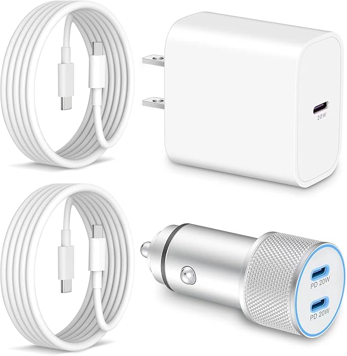 iPhone 17/17 Pro Max Car Charger Fast Charging, 40W Dual Port Fast USB C Car Charger Adapter + Type C Charging Block + 2x3FT USB C Cable Cord for iPhone 17/17 Pro/16/16 Pro Max/15/15 Pro/Plus, iPad