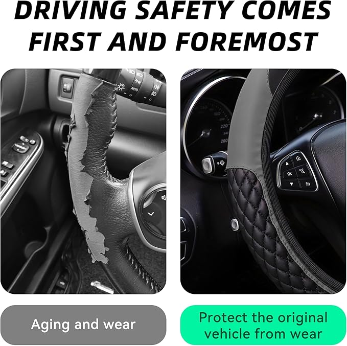 Bling Car Steering Wheel Cover, Diamond Leather Crystal Rhinestones Vehicles Steering Wheel Protector, Sparkling Anti-Slip Automotive Interior Decoration Accessories, Universal Fit (Gray)
