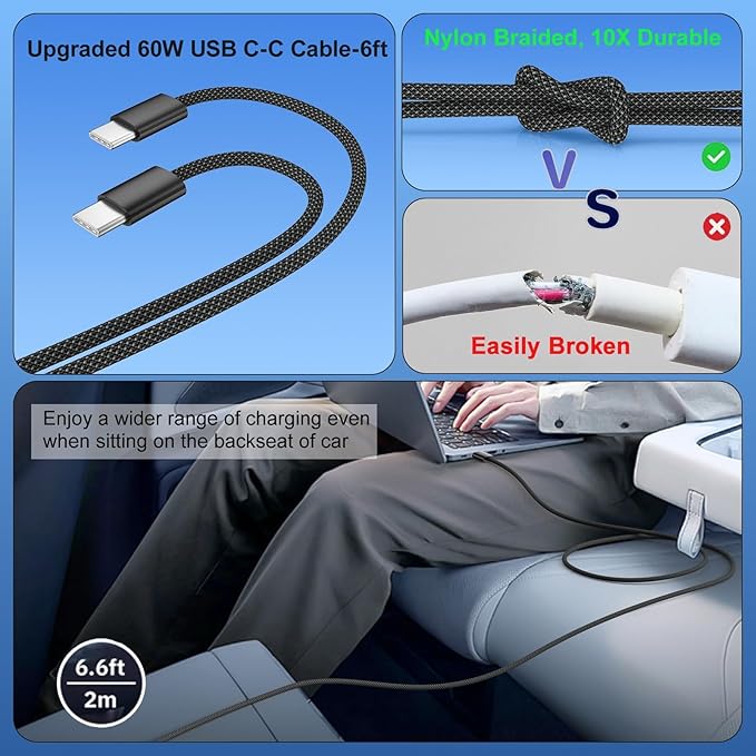 iPhone 17/16 Pro Max Car Charger, 65W 4-Port USB C Cigarette Lighter Adapter Fast Charging Car Charger Adapter with 6FT Braided USB C Cable for iPhone 17/16 Plus/16 Pro/16 15 Pro Max,iPad Pro/Air/Mini