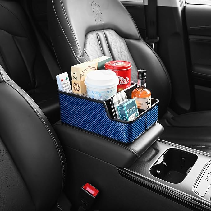 Car Front Seat Organizer with Compartment,Center Console Armrest Storage Box,Car Seat Cup Holder Tray,Back Seat Small Caddy,Car Organizer and Storage with Non-Slip Pat,fit for Truck,SUV,Van (Blue)